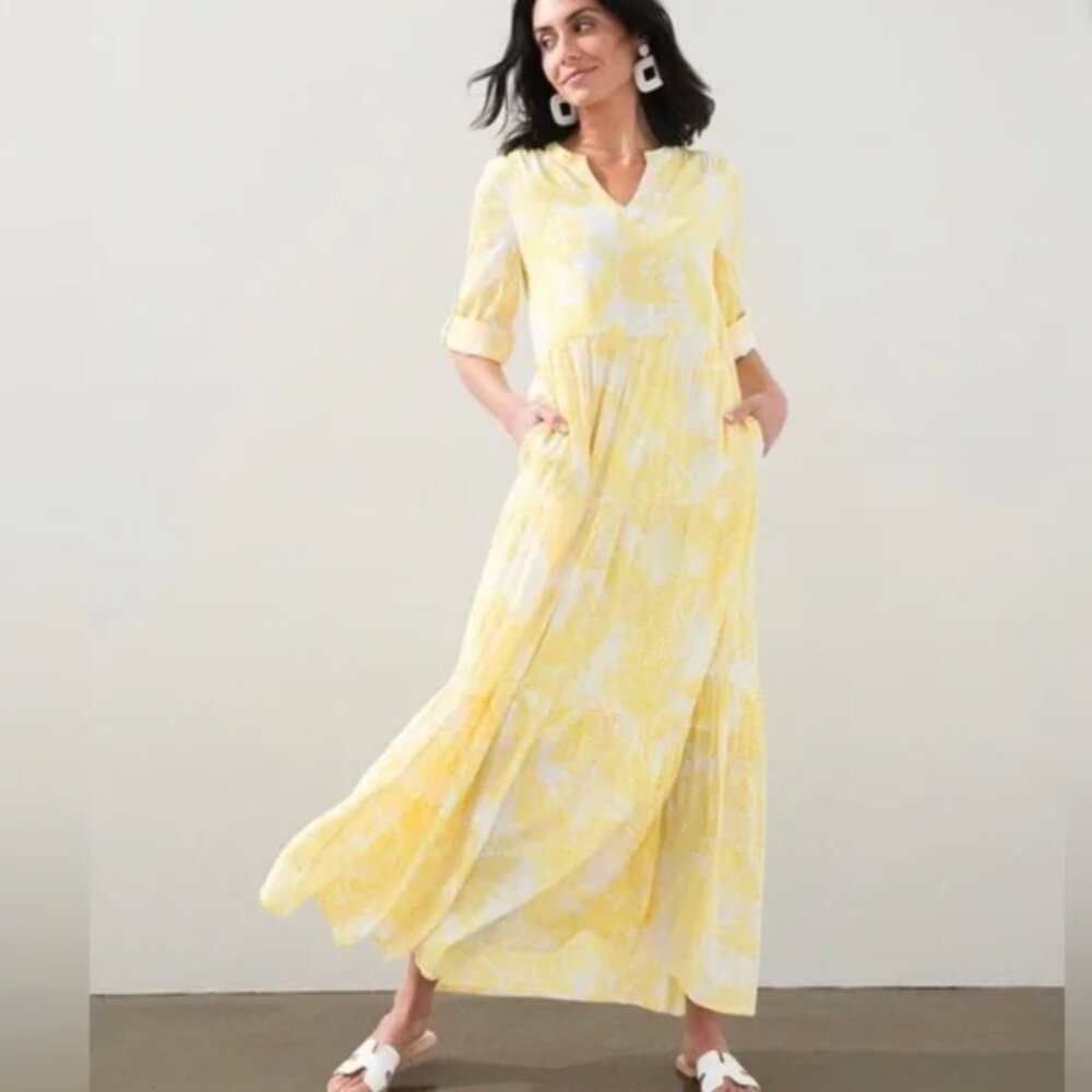 Chicos Yellow White Paisley Floral Tiered Maxi Long Dress size 1/ US 8/10